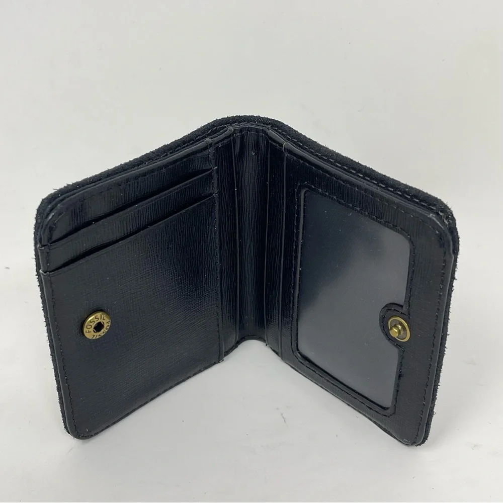 Fossil Madison Bifold Wallet Black Shimmer Nubuck Suede RFID Zippered Coin Pouch - Picture 5 of 11